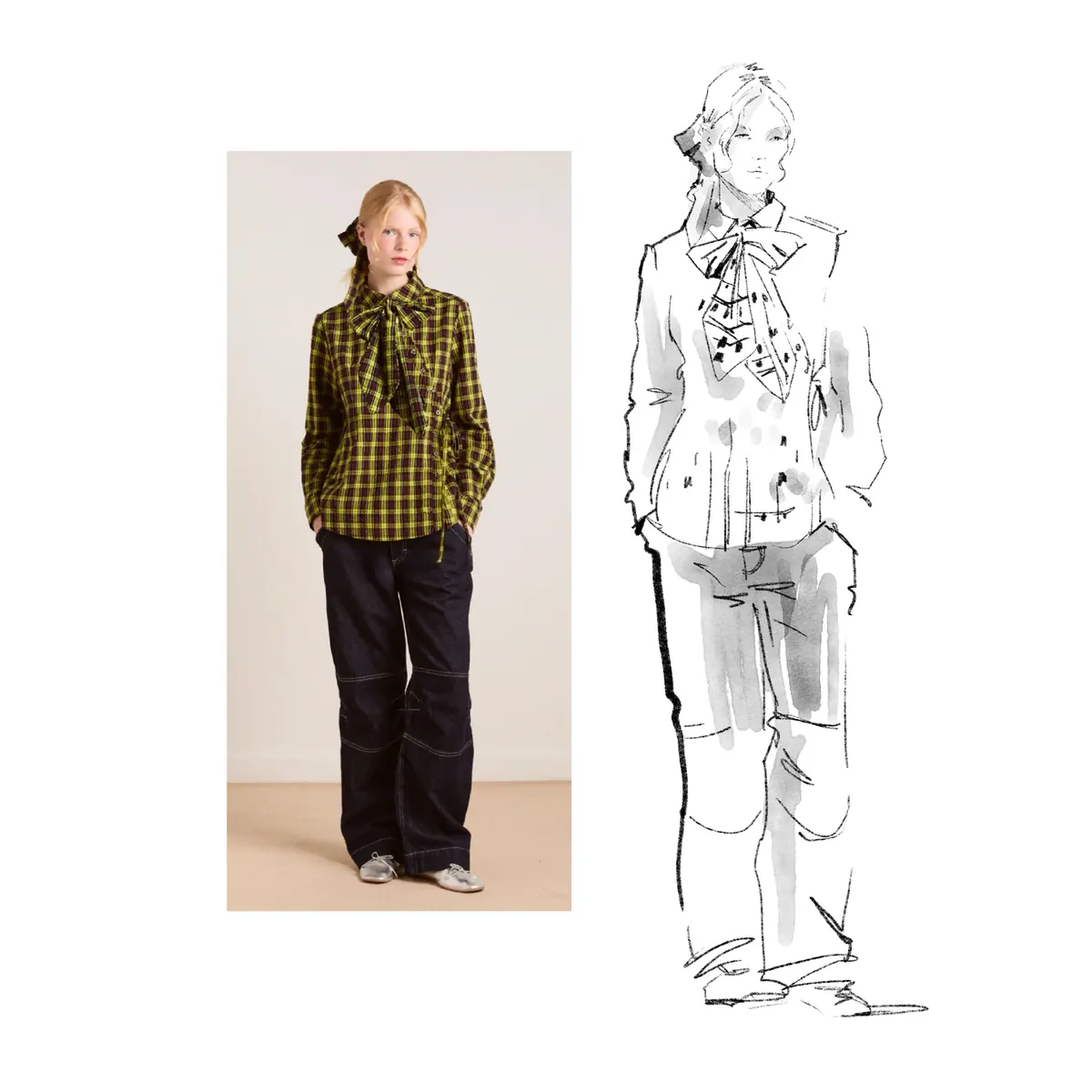 Line sketch of a checked shirt outfit
