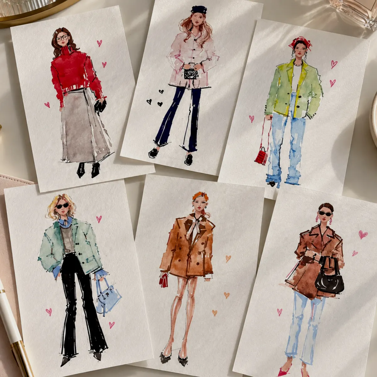 Six live fashion sketches of guests' outfits