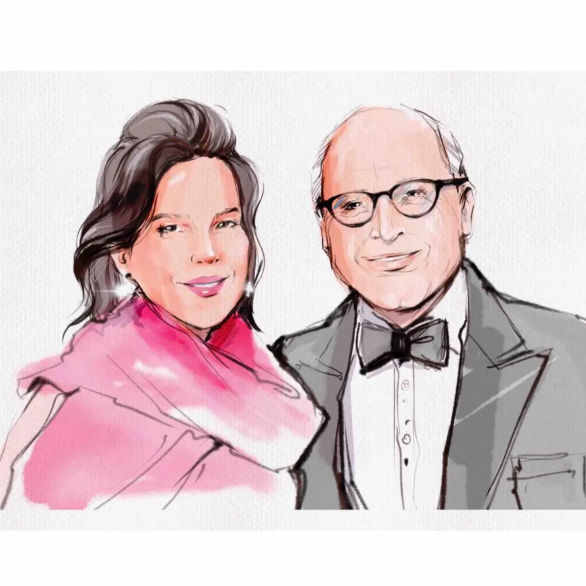 Watercolour portrait of a couple at a black-tie event