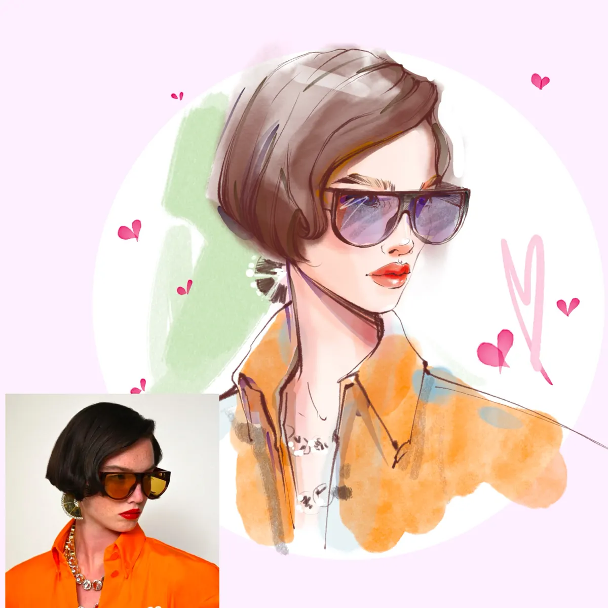 Guest portrait in sunglasses next to the reference photo