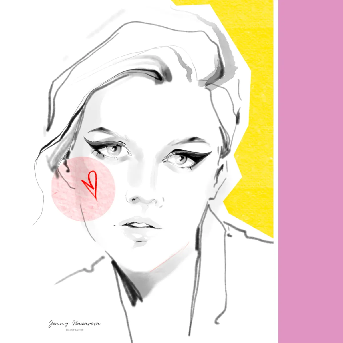 Fashion face illustration with yellow and pink accents