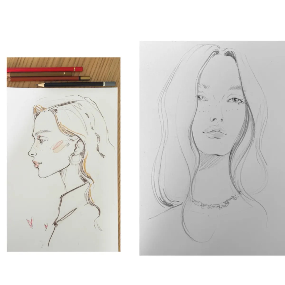 Hand-drawn portraits on paper with pencils
