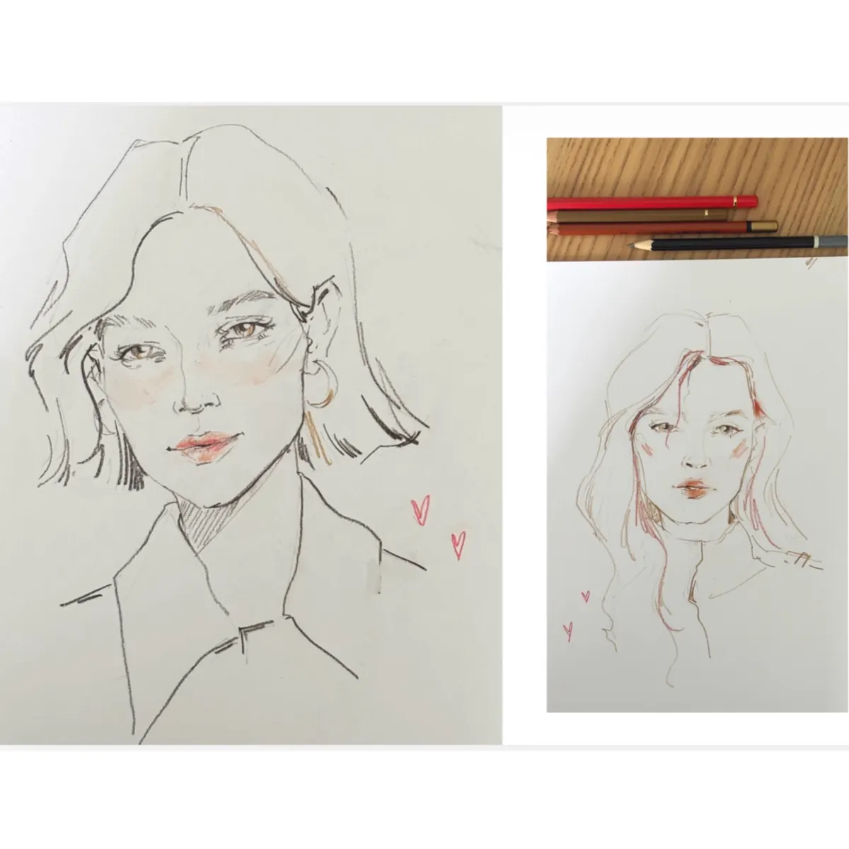 Pencil portrait sketches next to reference photos
